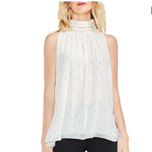 Vince Camuto Gilded Diamond Print Mock Neck Blouse In Pearl Ivory/Gold - Picture 2 of 7